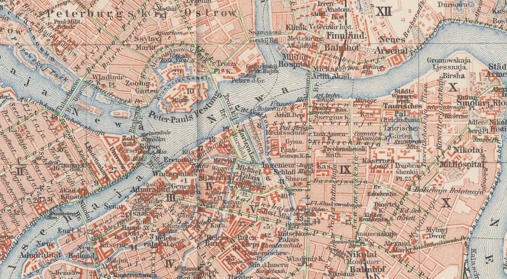 Central detail from a 1898 map of St. Petersburg, the Russian capital, from a German atlas. Central St Petersburg, or Petrograd, is on the Neva River. Key landmarks include the Peter and Paul Fortress, which served as a prison, Nevski Prospect, a primary boulevard south of the Fortress, the Finland Train Station, east of the Fortress, where Lenin made his triumphal return, the Tauride (Taurisches) Palace, which housed the Duma and later the Petrograd Soviet.
Text:
Neva River, Peter and Paul Fortress; Nevski Prospect, Finland Bahnhof (Train Station); Taurisches (Tauride) Palace