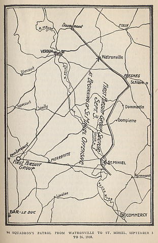 Map of the patrol for the United States 94th Squadron for September 3 to 26, 1918. The period covered the St. Mihiel Offensive and the beginning of the Meuse-Argonne Offensive. From 'Fighting the Flying Circus' by Capt. Edward V. Rickenbacker who took command of the Squadron — the Hat in Ring Squadron — on September 24.
Text:
94 Squadron's patrol from Watronville to St. Mihiel, September 3 to 26, 1918