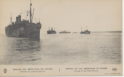 Postcard celebrating the arrival of the first American troops in France; they arrived May 26, 1917.
Text:
Arrivée des Américains en France
Arrivée du premier Convoi
Arrival of the Americans in France
Arrival of the first Convey [sic]
Visé, Paris no. 420
Logo: ELD
Reverse:
Imp. E Le Deley, Paris