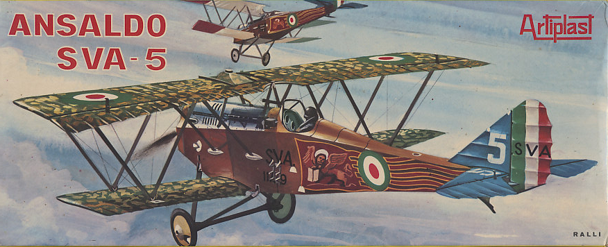 Artiplast Ansaldo SVA-5 model box and kit. The cover illustration is of two Ansaldo S.V.A.s from the Venetian La Serenissima squadron flown in the August 9, 1918 Flight over Vienna led by Gabriele D'Annunzio.