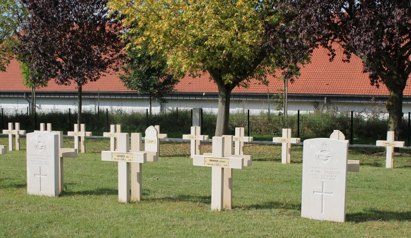 French and British headstones in Dormans National Cemetery, Dormans, France. From left to right Second Lieutenant J. Aitken, Royal Air Force, Jean LaGorce and Germain Bouchareisses, both of the  273rd French Infantry Regiment, and Sergeant S.W. Melbourne, RAF. The French infantrymen both died on July 15, 1918, the men of the RAF the following day, the first and second days of the German Champagne-Marne Offensive.
