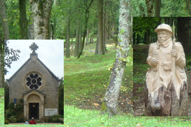 Montage of the destroyed village of Fleury, France, a village of several hundred destroyed during the Battle of Verdun and never rebuilt. Insets are the Chapel and a sculpture of a poilu. The door of the chapel states it is in memory of Fleury-devant-Douaumont, the village's full name.
Text:
In memoire de Fleury-devant-Douaumont 1914-1918