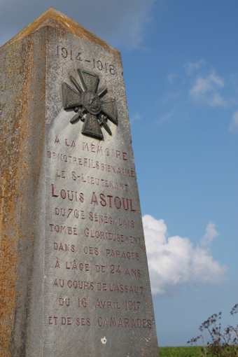 Memorial to Louis Astoul along the Chemin-des-Dames of the 70th Senegalese Regiment who was killed April 16, 1917, the first day of the Second Battle of the Aisne, the Battle of Chemin-des-Dames.