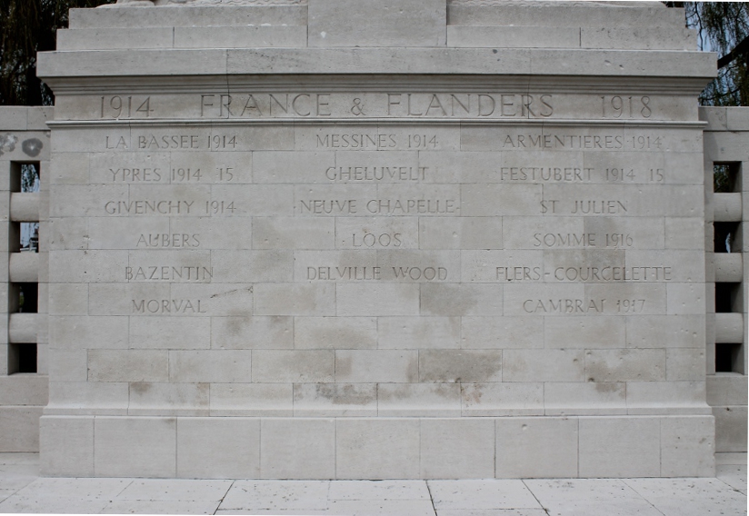 Detail from the Indian Memorial at Neuve Chapelle, the battles in which the Indian Corps fought.
Text:
1914 France and Flanders 1918
La Bassee 1914
Messines 1914
Armentieres 1914
Ypres 1914 15
Gheluvelt
Festubert 1914 15
Givenchy 1914
Neuve Chapelle
St Julien
Aubers
Loos
Somme 1916
Bazentin
Delville Wood
Flers-Courcelette
Morval
Cambrai 1917