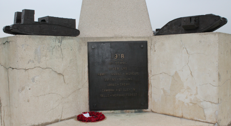 Detail showing the plaque for 1918 from the monument to the Tank Corps, Pozières, France. The base bears plaques commemorating the Tank Corps and the years 1916, when tanks were first used in battle, 1917, when they were proven to be a weapon that could change the war, and 1918, when tanks were decisive in the Allied victory. The plaques for each year list the engagements in which the Corps fought.
Text:
1918
2nd Somme
River Lys
Hamel — Marne — Moreuil
Amiens — Bapaume
Arras — Epehy
Cambrai — St. Quentin
Selle — Mormal Forest